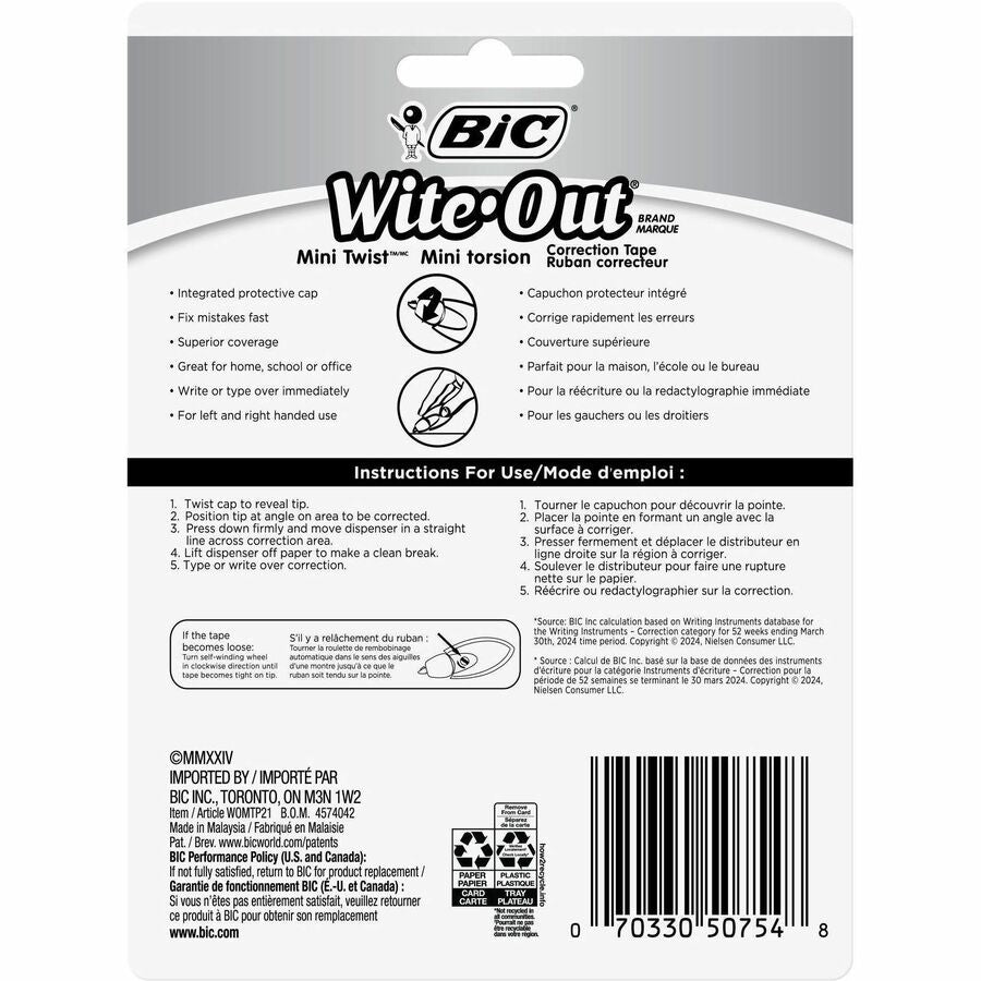BIC Wite-Out Mini Twist Correction Tape, White, Tear-resistant And Film-Based Tape, 2-Count Pack - WOMTP21-WHI