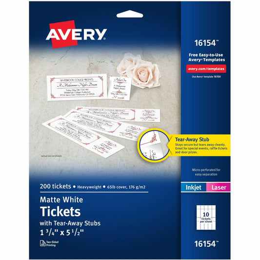 Avery&reg; Event Tickets with Tear-Away Stubsfor Laser and Inkjet Printers, 1-3/4" x 5-1/2"