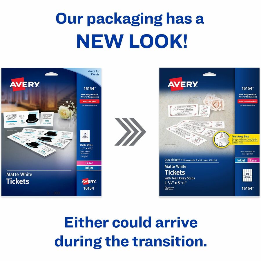 Avery&reg; Event Tickets with Tear-Away Stubsfor Laser and Inkjet Printers, 1-3/4" x 5-1/2" - 16154