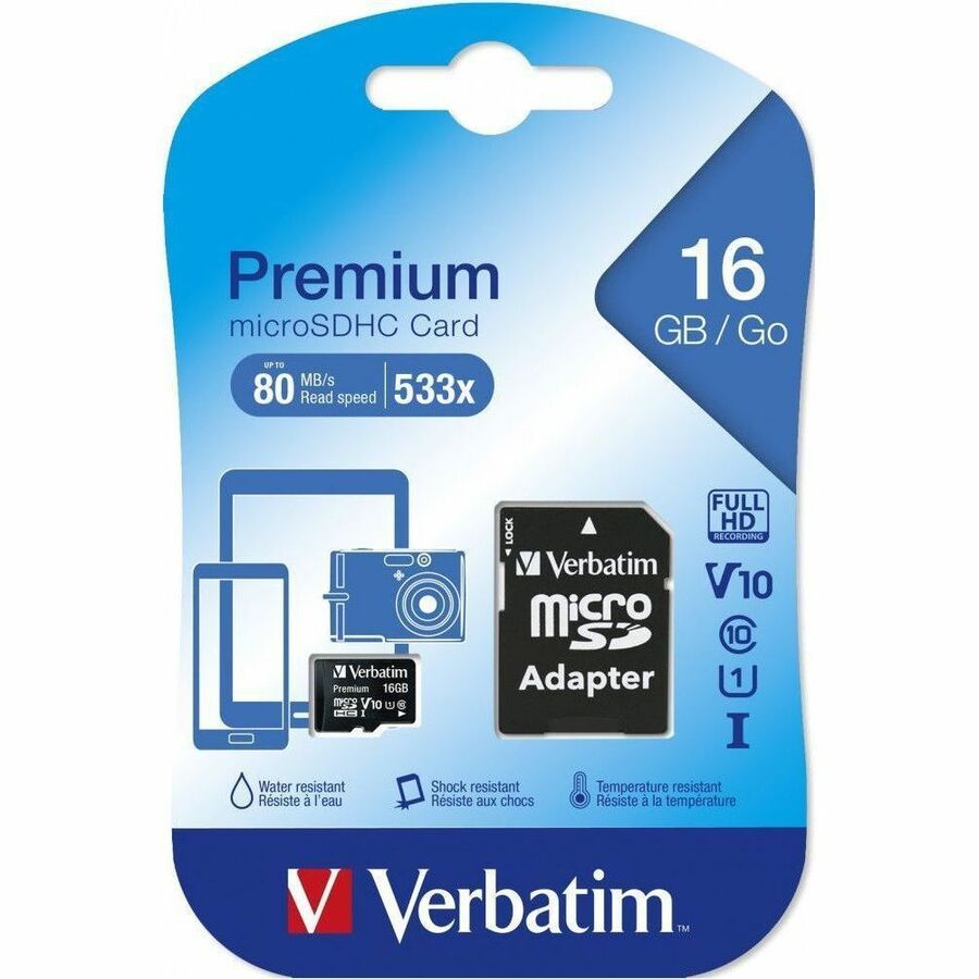 Verbatim 16GB Premium microSDHC Memory Card with Adapter, UHS-I V10 U1 Class 10 - 44082