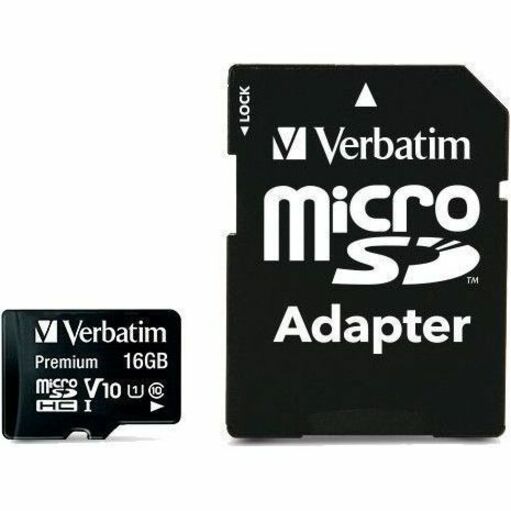 Verbatim 16GB Premium microSDHC Memory Card with Adapter, UHS-I V10 U1 Class 10 - 44082