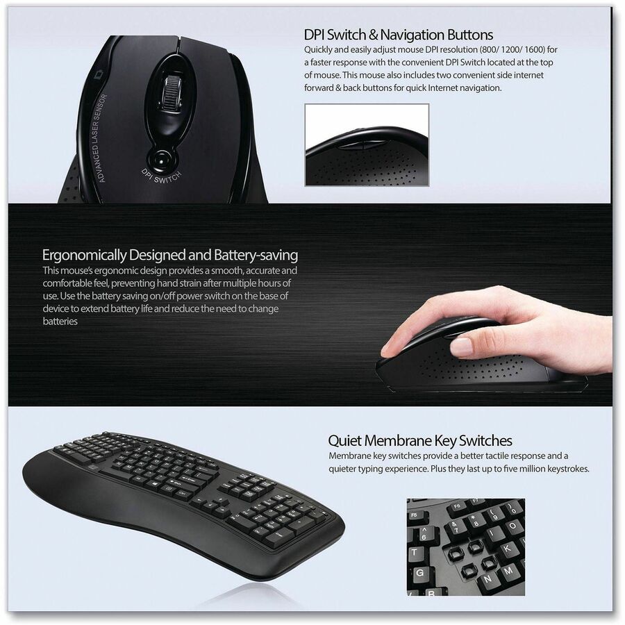 Adesso Wireless Ergonomic Keyboard and Laser Mouse - WKB-1500GB