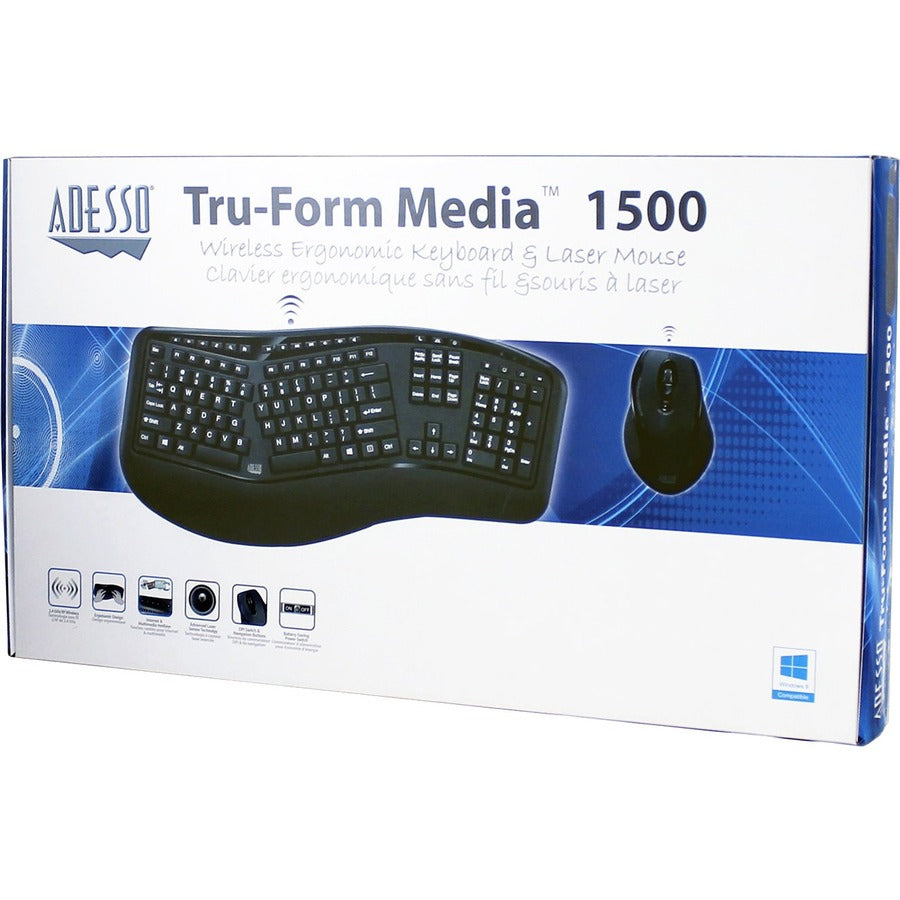 Adesso Wireless Ergonomic Keyboard and Laser Mouse - WKB-1500GB