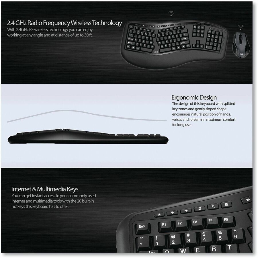 Adesso Wireless Ergonomic Keyboard and Laser Mouse - WKB-1500GB