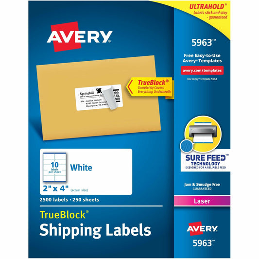 Avery&reg; White Rectangle Labels with Sure Feed&trade; TechnologyTrueBlock&reg;, 2" x 4" , for Laser and Inkjet Printers