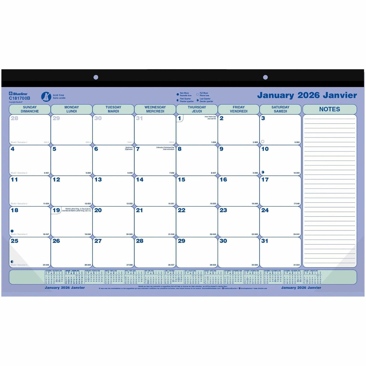 Blueline Monthly Desk Pad Calendar, 17-3/4" x 10-7/8" , Bilingual