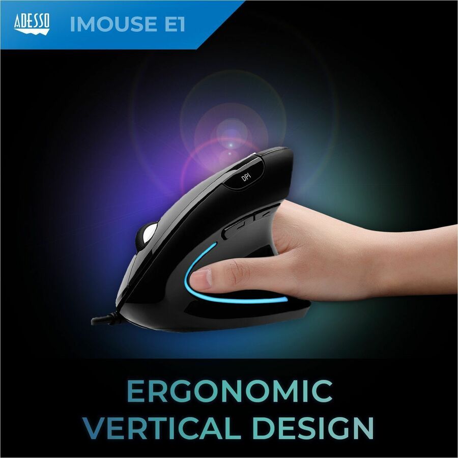 Adesso iMouse Vertical Ergonomic Mouse Black with Blue LED light - IMOUSE E1
