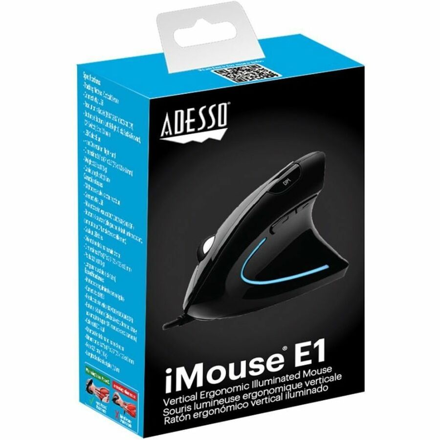 Adesso iMouse Vertical Ergonomic Mouse Black with Blue LED light - IMOUSE E1