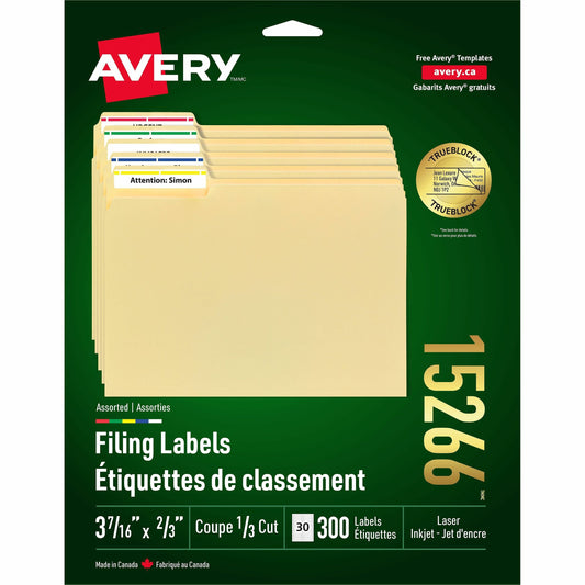 Avery&reg; Filing Labelswith TrueBlock&trade; Technology for Laser and Inkjet Printers, 2/3" x 3-7/16" , Assorted Colours, 300/pk