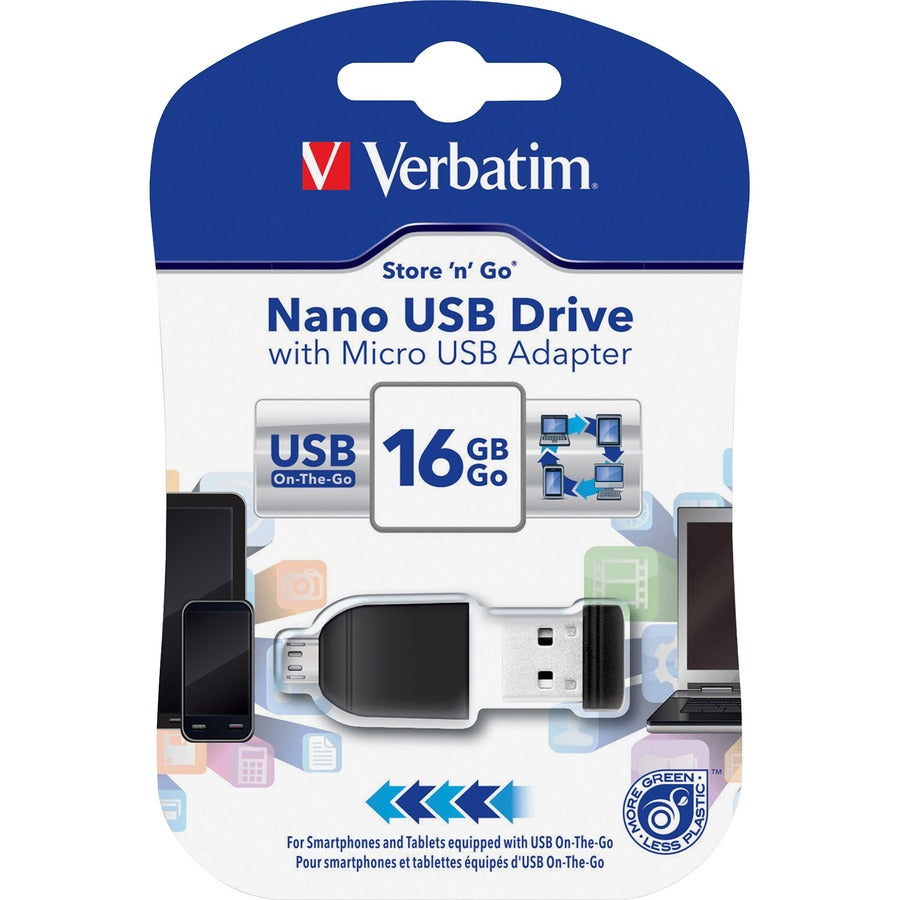 Verbatim 16GB Nano USB Flash Drive with USB OTG Micro Adapter - Black - 49821