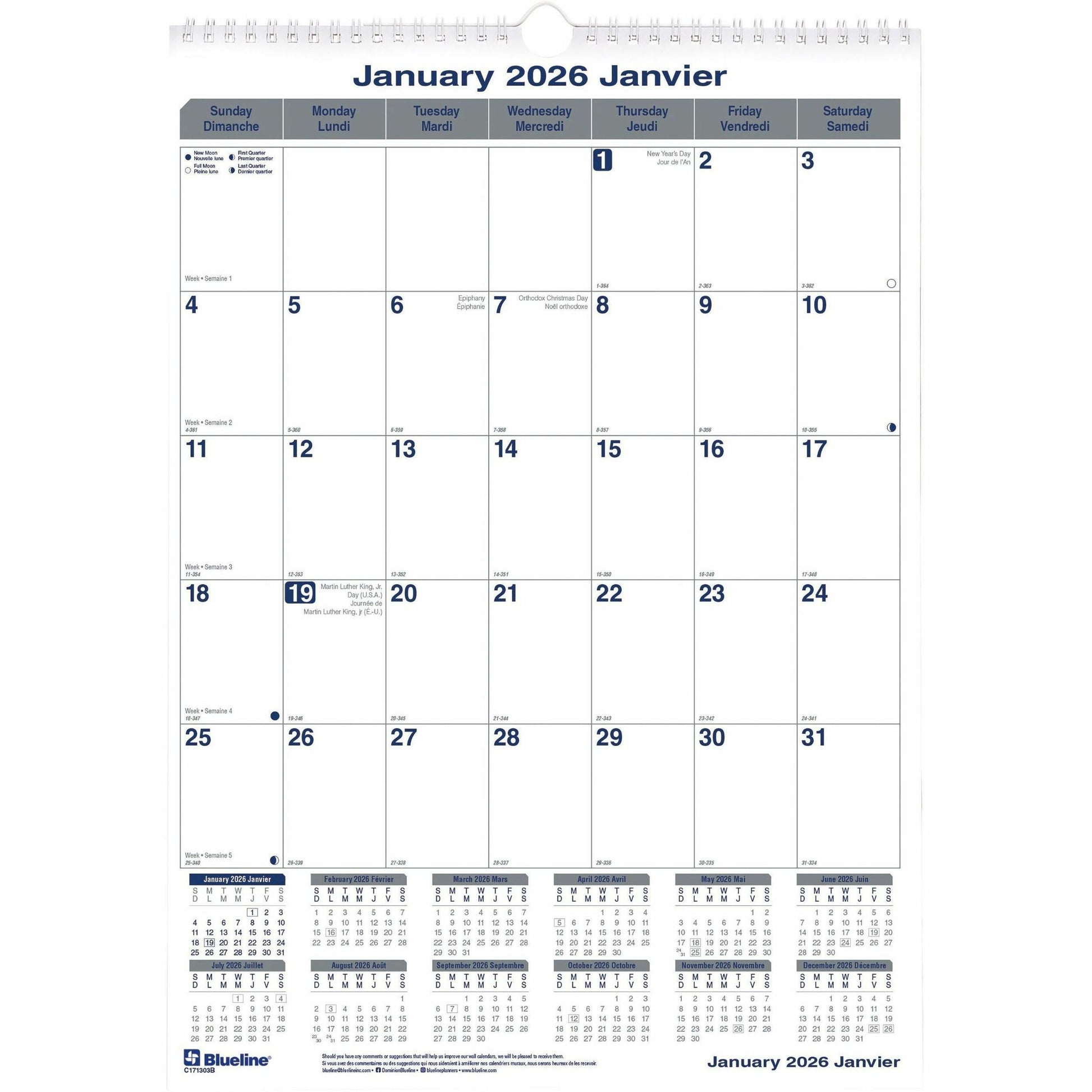 Blueline Net Zero Carbon Monthly Wall Calendar, 12" x 17" , Bilingual