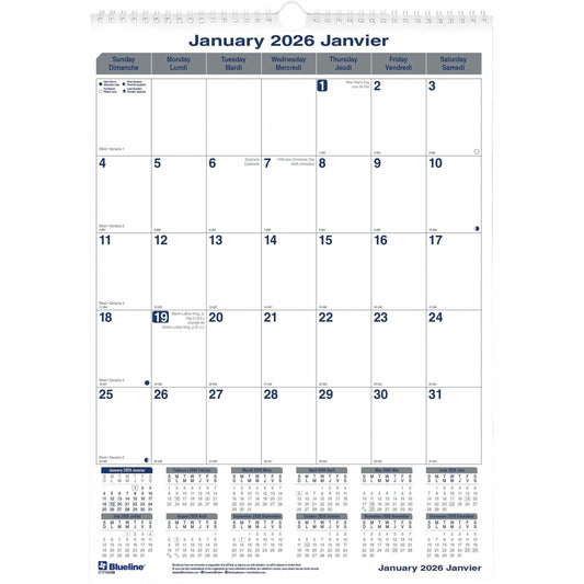Blueline Net Zero Carbon Monthly Wall Calendar, 12" x 17" , Bilingual