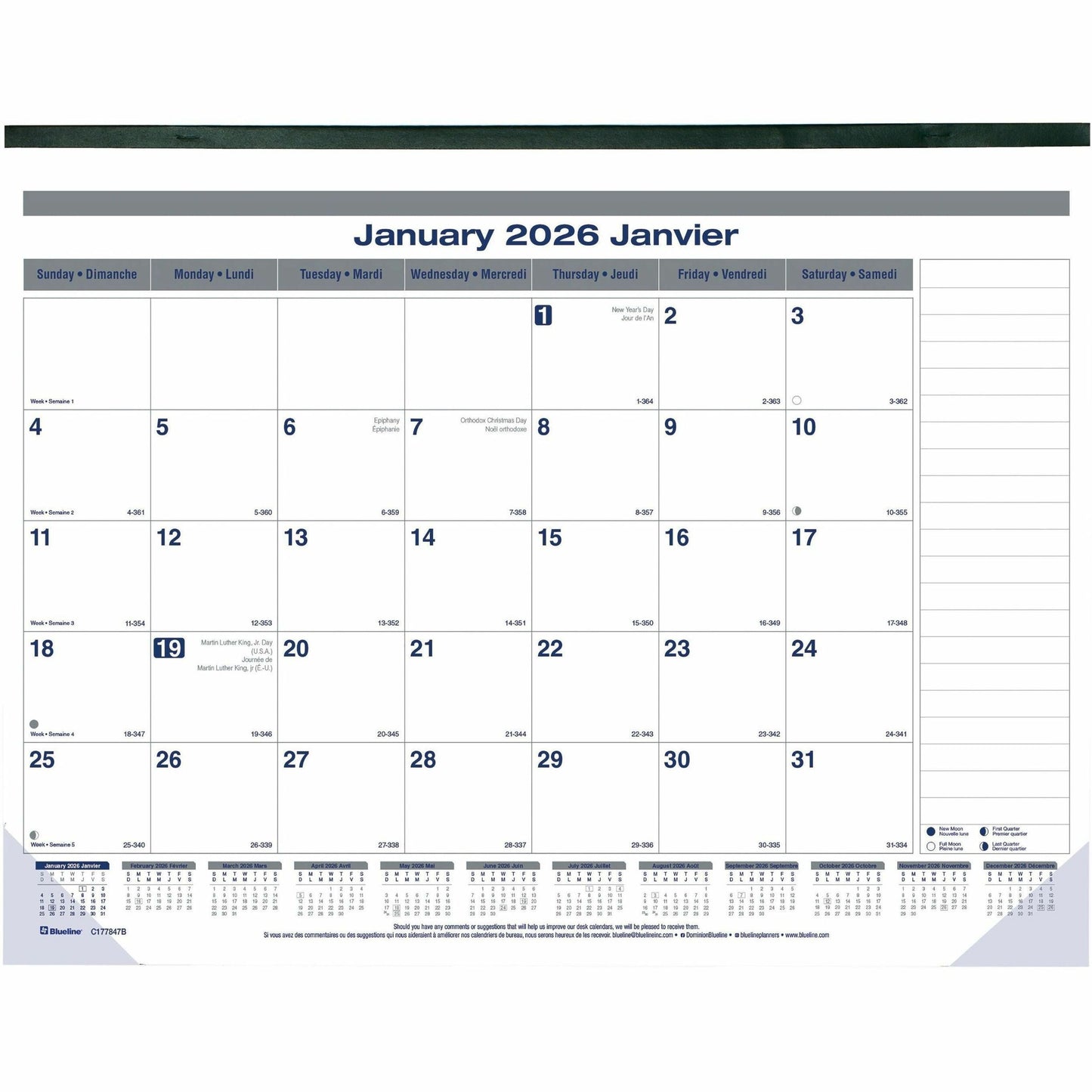 Blueline Net Zero Carbon Monthly Desk Pad Calendar, 22" x 17" , Bilingual