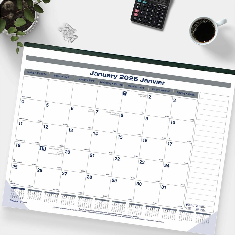 Blueline Net Zero Carbon Monthly Desk Pad Calendar, 22" x 17" , Bilingual - C177847B