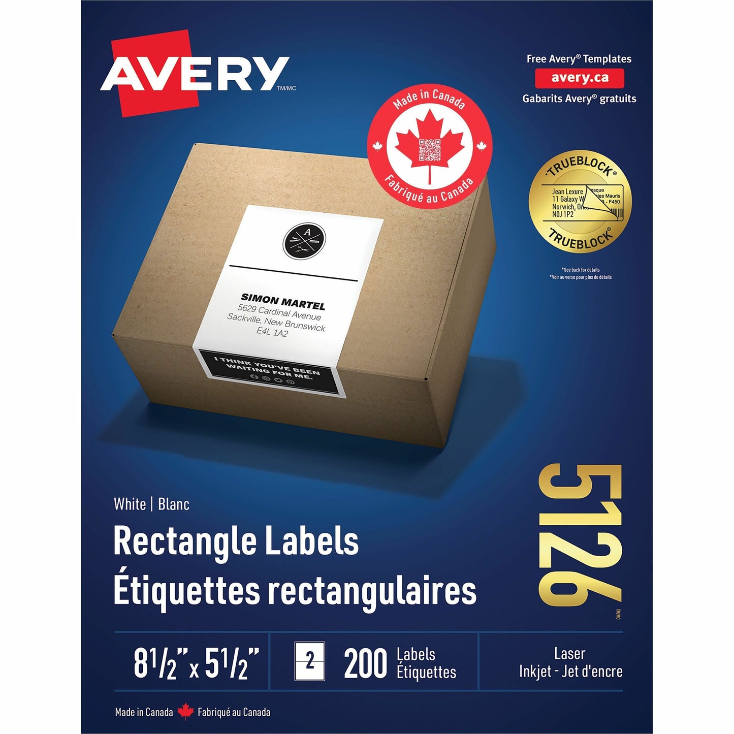 Avery White Rectangle Labels with TrueBlock&reg;, Permanent Adhesive, for Laser and Inkjet Printers, 8-1/2" x 5-1/2"