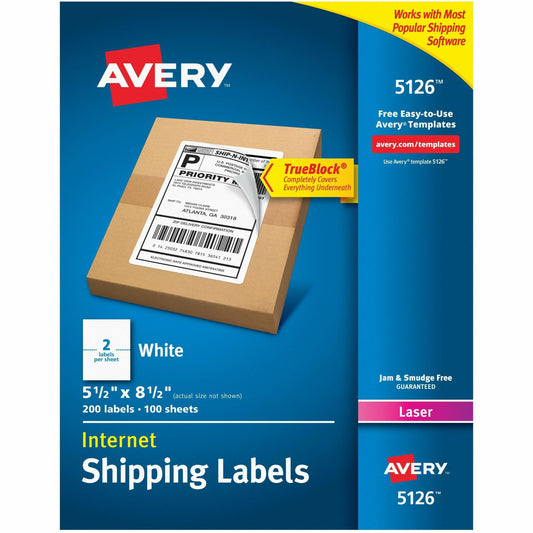 Avery&reg; White Rectangle LabelsTrueBlock&reg;, 8-1/2" x 5-1/2" , for Laser and Inkjet Printers