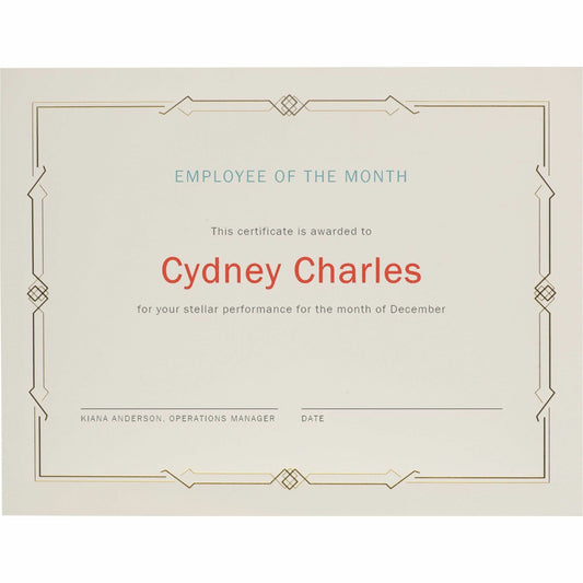 St. James&reg; Premium Weight Certificates, Gatsby Design, Gold Foil, Ivory, 65 lb, 8.5 x 11" , Pack of 15, 83407