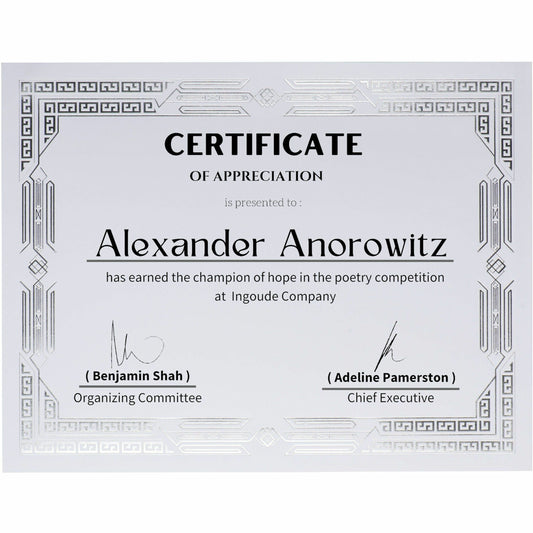 St. James&reg; Premium Weight Certificates, Jazz Design, Silver Foil, White, 65 lb, 8.5 x 11" , Pack of 15, 83424
