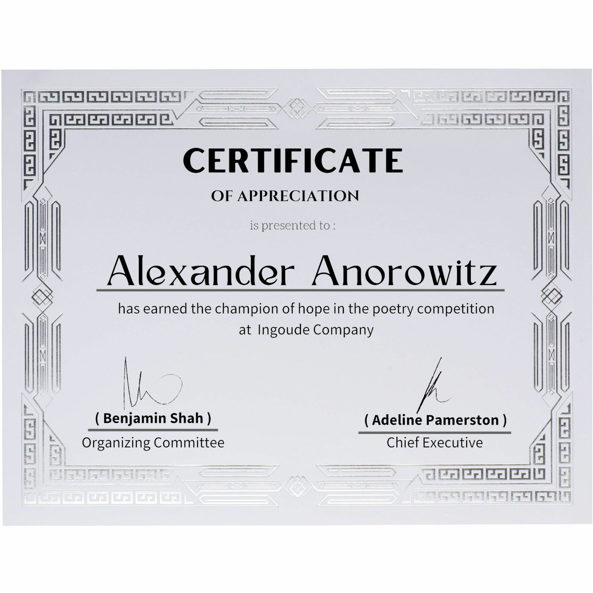 St. James&reg; Premium Weight Certificates, Jazz Design, Silver Foil, White, 65 lb, 8.5 x 11" , Pack of 15, 83424