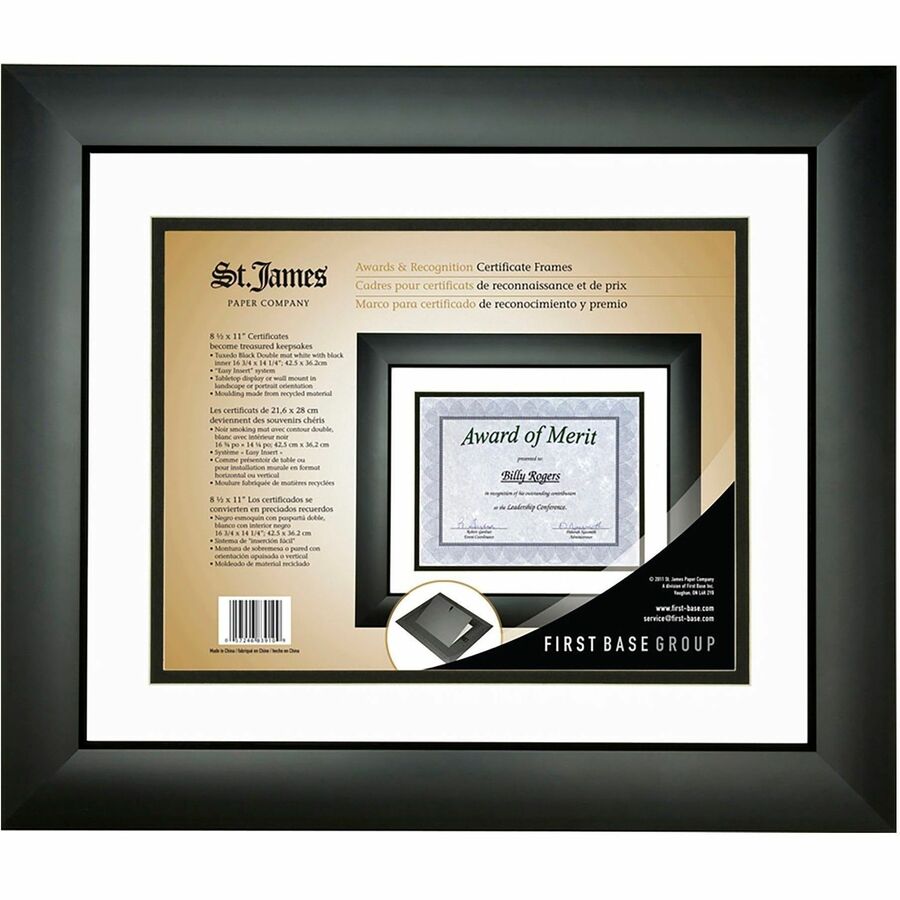 St. James&reg; Certificate/Diploma/Document Frame, 8.5x11" , Tuxedo Black with Double Mat White/Black, 83910 - 83910