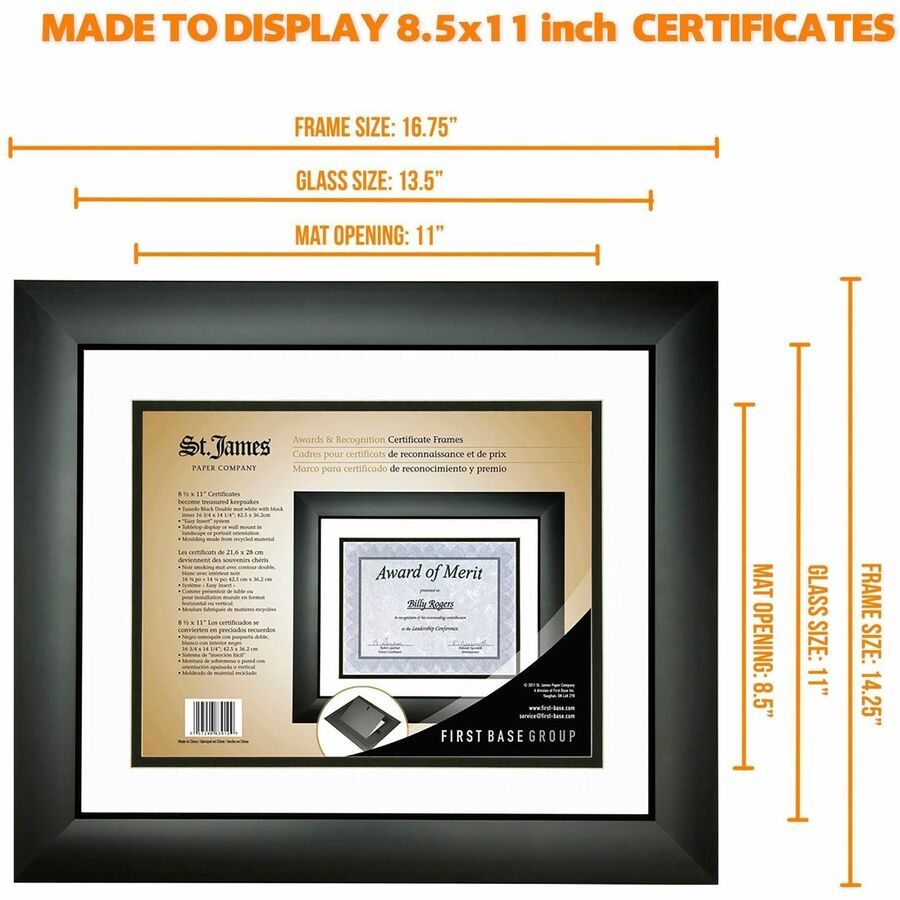 St. James&reg; Certificate/Diploma/Document Frame, 8.5x11" , Tuxedo Black with Double Mat White/Black, 83910 - 83910