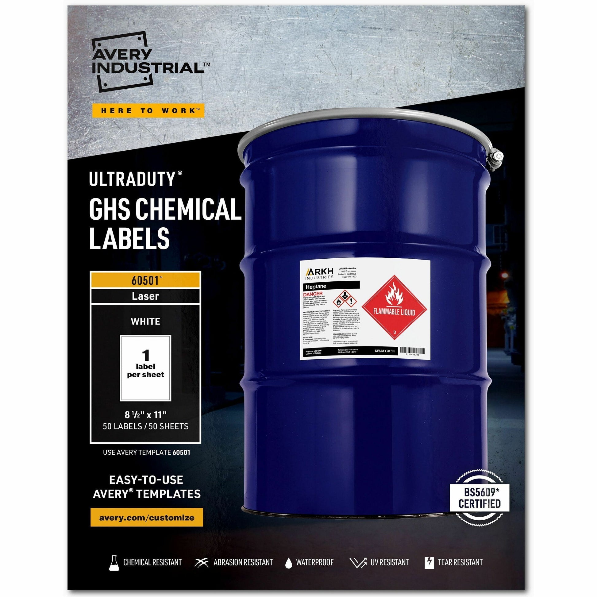 Avery&reg; UltraDuty&trade; GHS Chemical Labels 8-1/2" x 11" , for Laser Printers