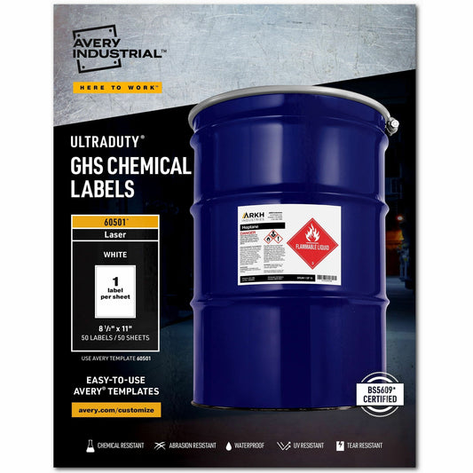 Avery&reg; UltraDuty&trade; GHS Chemical Labels 8-1/2" x 11" , for Laser Printers