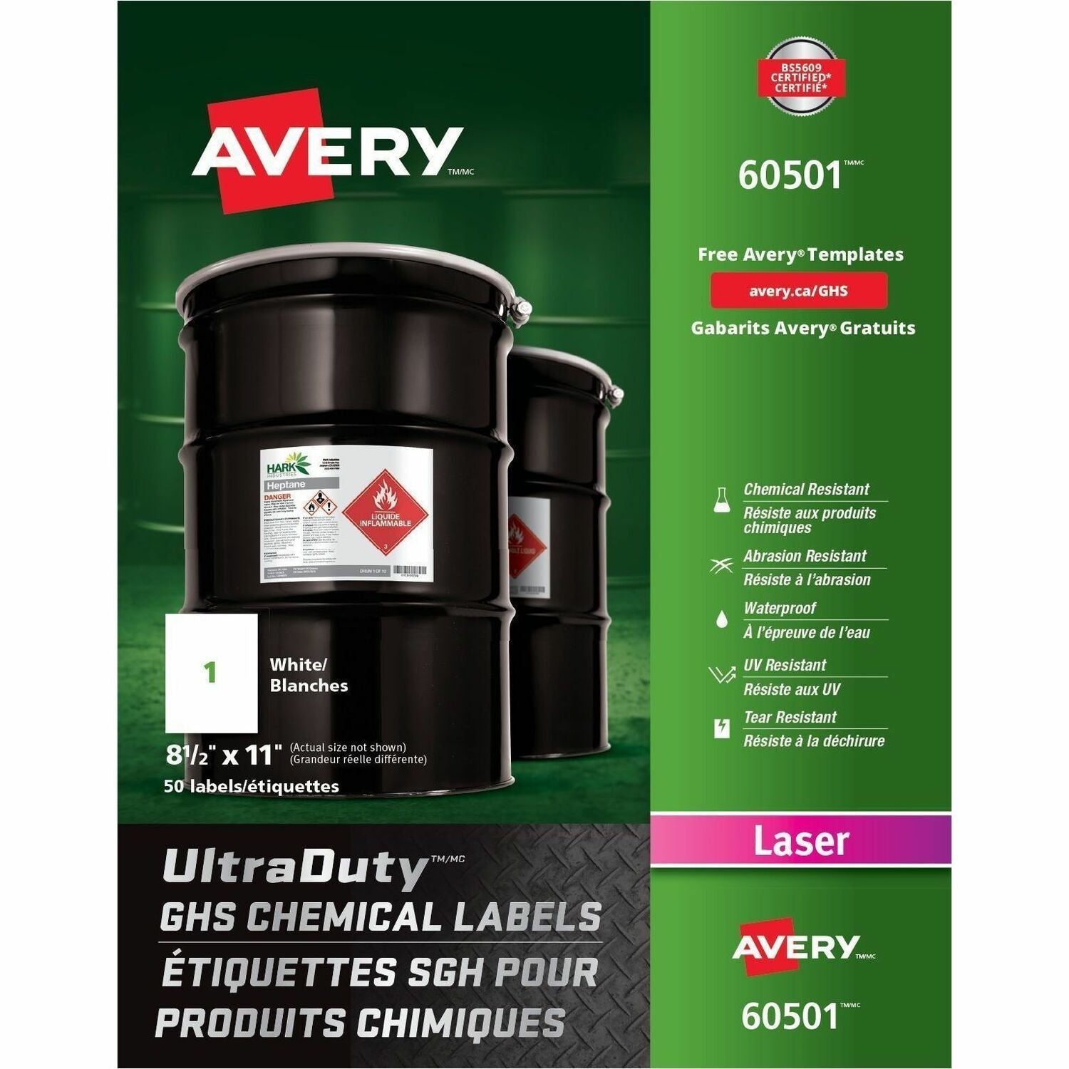 UltraDuty™ GHS Chemical Labels 8-1/2" x 11" , Permanent Adhesive, for Laser Printers