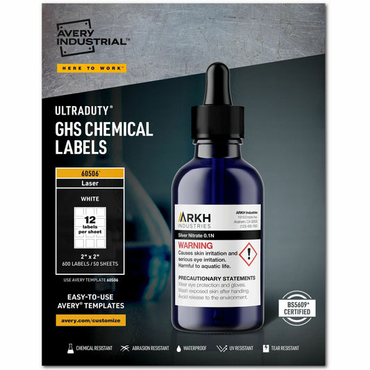 Avery&reg; UltraDuty™ GHS Chemical Labels 2" x 2" , Permanent Adhesive, for Laser Printers