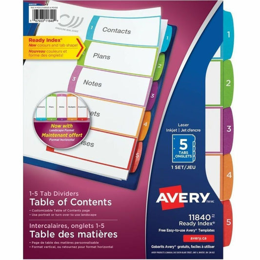 Avery Ready Index&reg; Customizable Table of Contents Dividers 5 Tabs, for Laser and Inkjet Printers