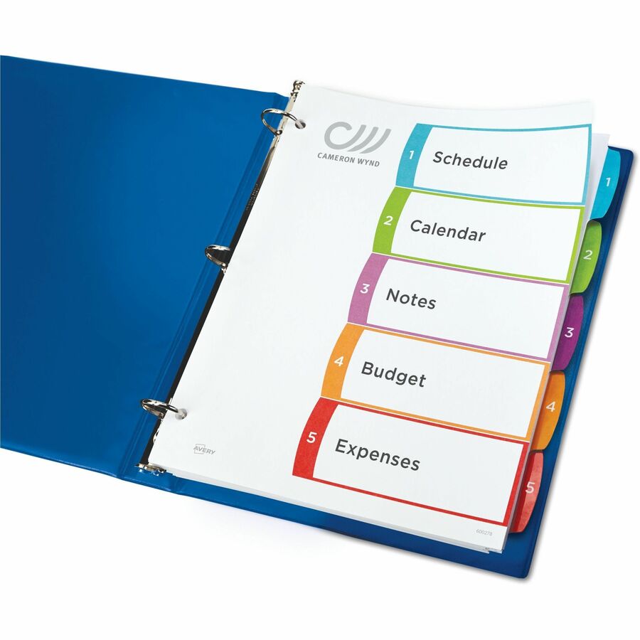 Avery&reg; Ready Index&reg; Customizable Table of Contents Dividersfor Laser and Inkjet Printers, 5 tabs, 1 set - 11840