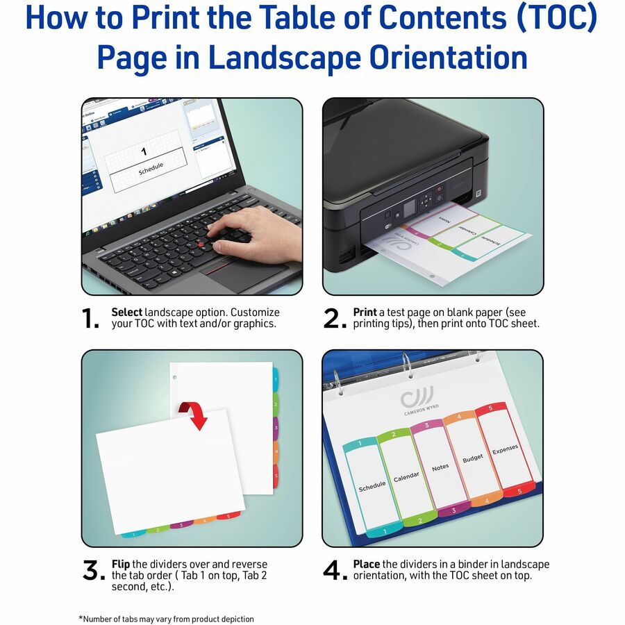 Avery&reg; Ready Index&reg; Customizable Table of Contents Dividersfor Laser and Inkjet Printers, 5 tabs, 1 set - 11840