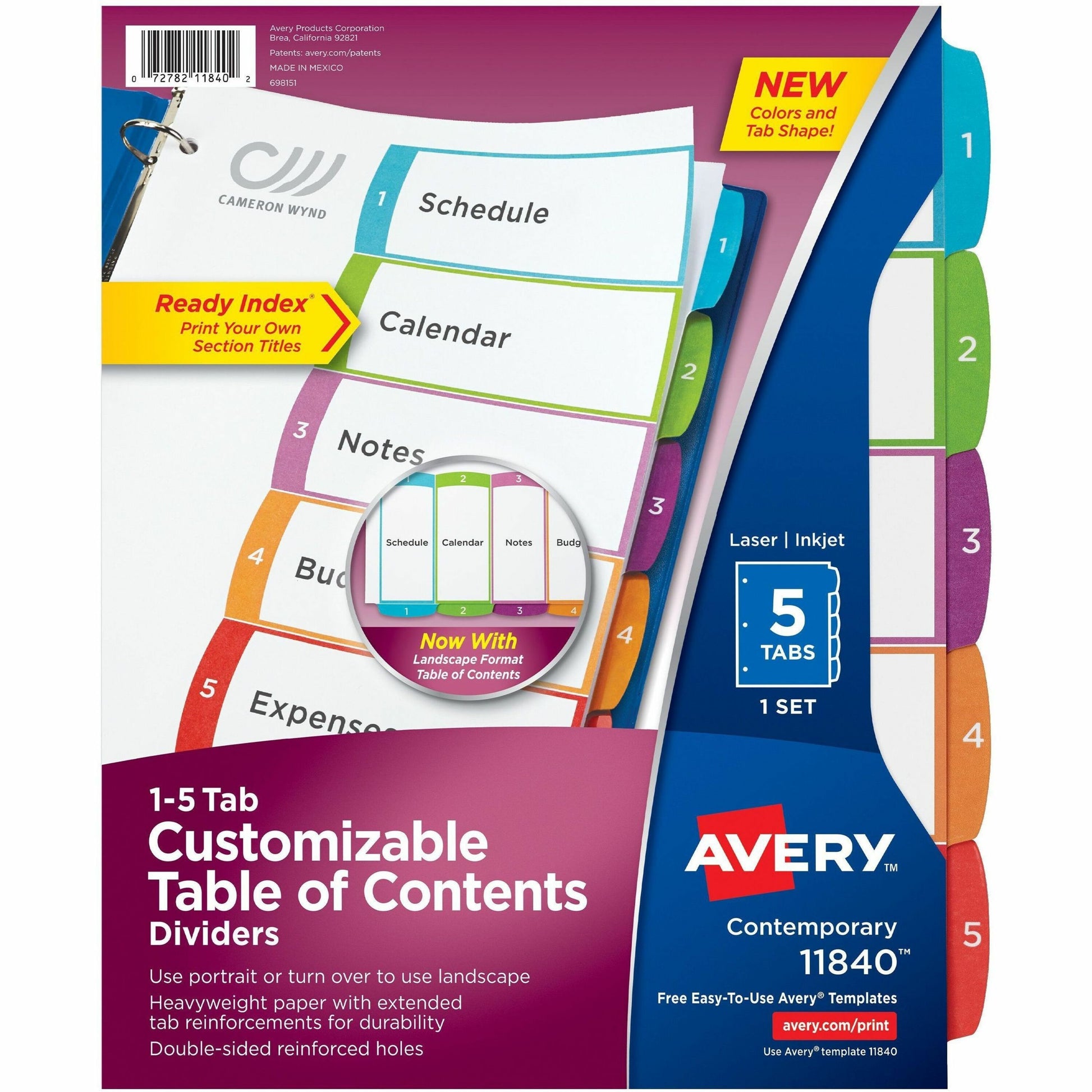 Avery&reg; Ready Index&reg; Customizable Table of Contents Dividersfor Laser and Inkjet Printers, 5 tabs, 1 set