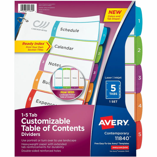 Avery&reg; Ready Index&reg; Customizable Table of Contents Dividersfor Laser and Inkjet Printers, 5 tabs, 1 set