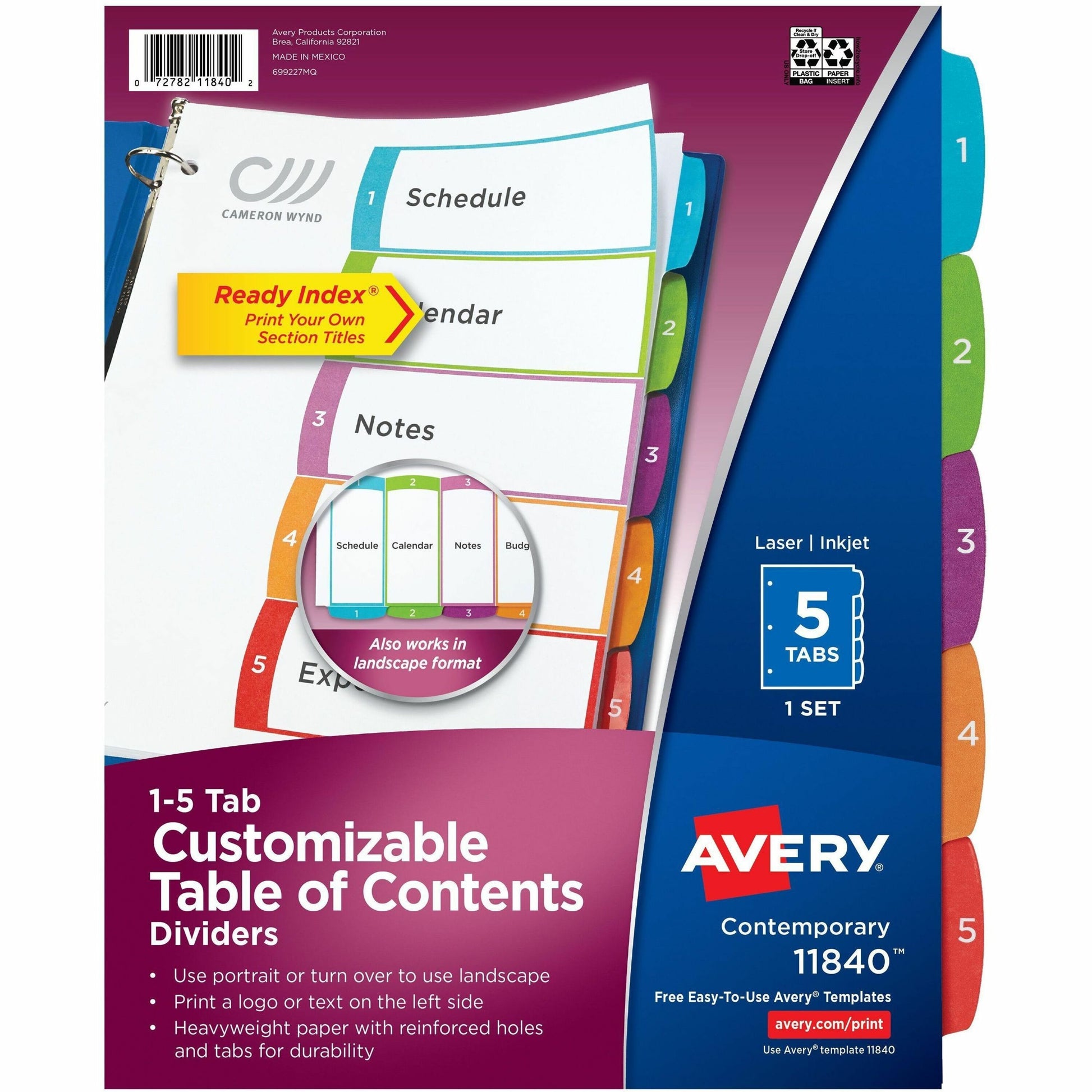 Avery&reg; Ready Index&reg; Customizable Table of Contents Dividersfor Laser and Inkjet Printers, 5 tabs, 1 set