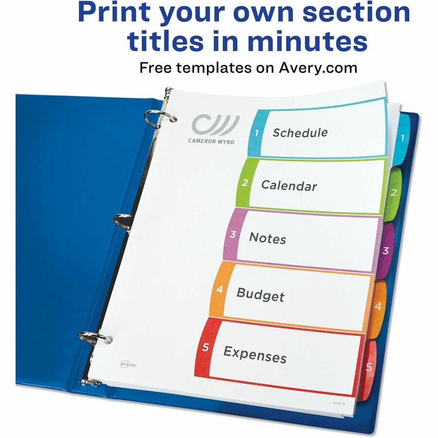 Avery&reg; Ready Index&reg; Customizable Table of Contents Dividersfor Laser and Inkjet Printers, 5 tabs, 1 set - 11840