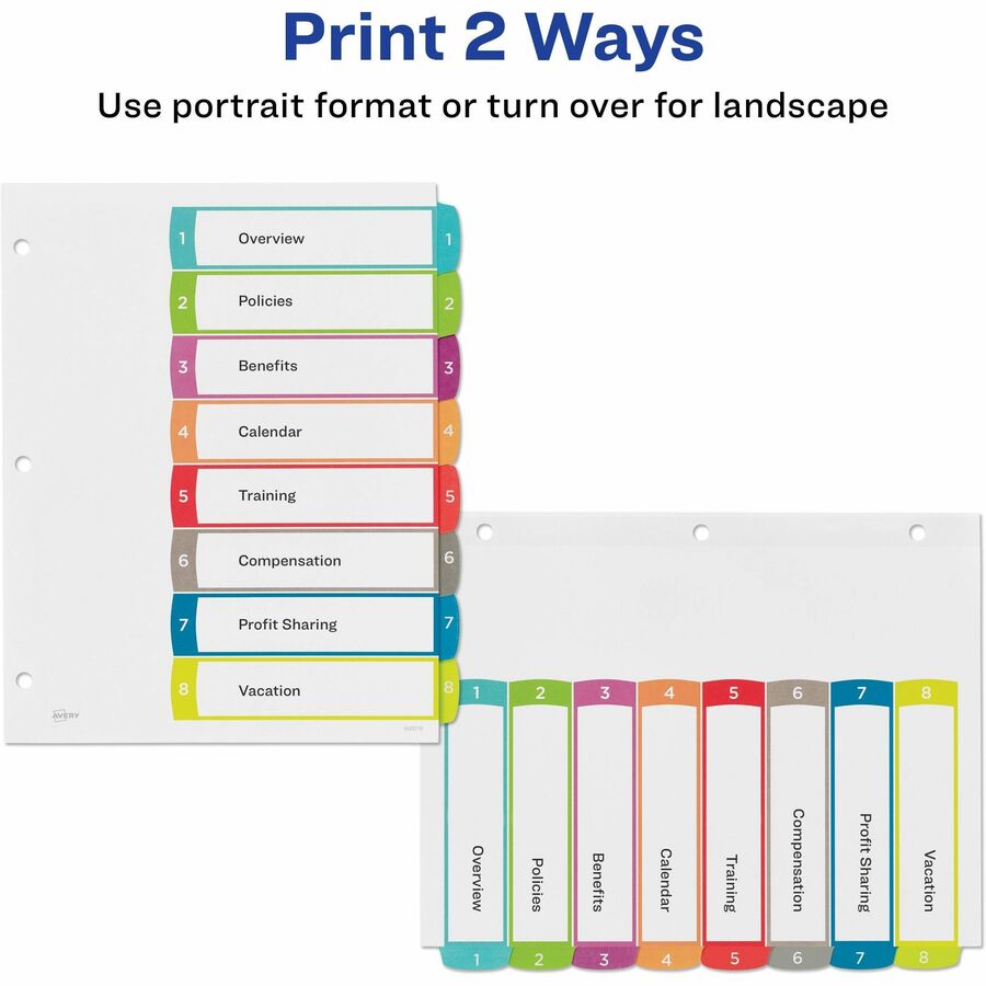Avery&reg; Ready Index&reg; Customizable Table of Contents Dividersfor Laser and Inkjet Printers, 8 tabs, 1 set - 11841