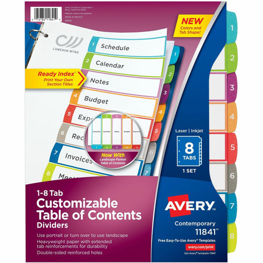 Avery&reg; Ready Index&reg; Customizable Table of Contents Dividersfor Laser and Inkjet Printers, 8 tabs, 1 set
