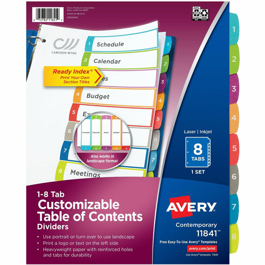 Avery&reg; Ready Index&reg; Customizable Table of Contents Dividersfor Laser and Inkjet Printers, 8 tabs, 1 set