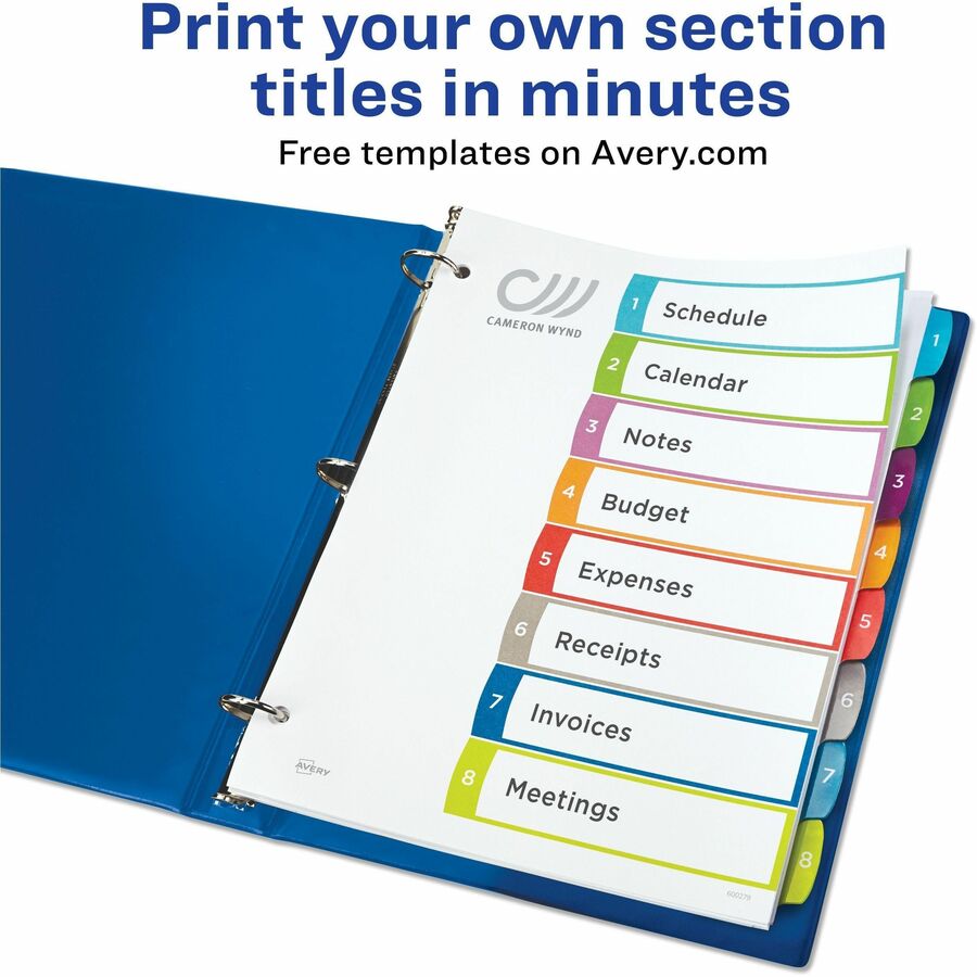 Avery&reg; Ready Index&reg; Customizable Table of Contents Dividersfor Laser and Inkjet Printers, 8 tabs, 1 set - 11841