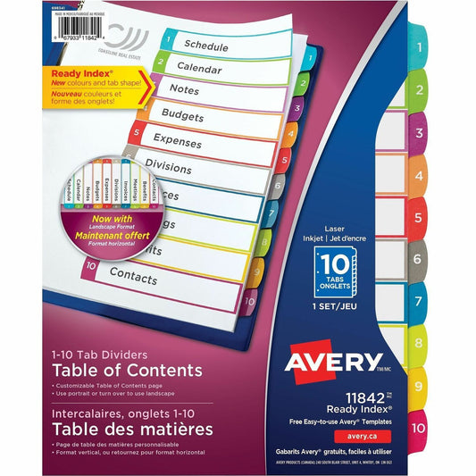 Avery&reg; Ready Index&reg; Customizable Table of Contents Dividersfor Laser and Inkjet Printers, 10 tabs, 1 set