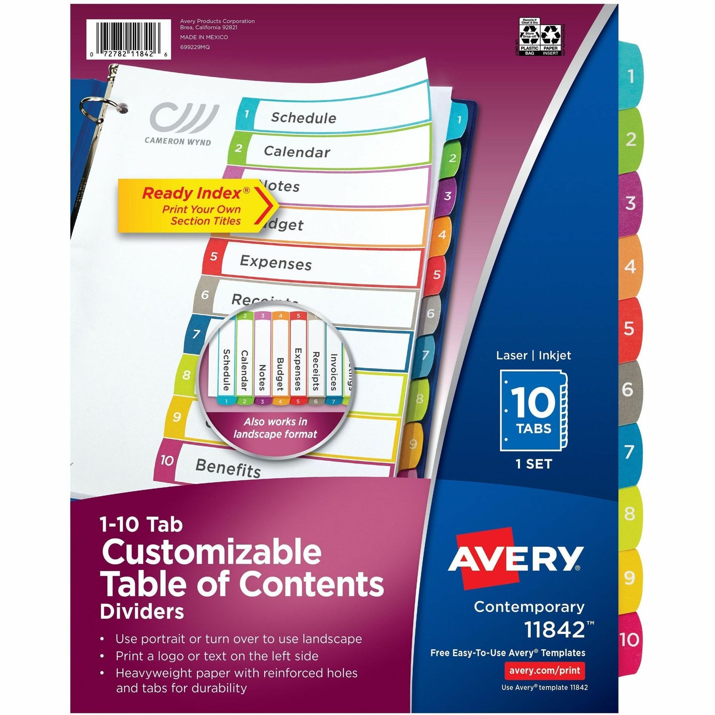 Avery&reg; Ready Index&reg; Customizable Table of Contents Dividersfor Laser and Inkjet Printers, 10 tabs, 1 set