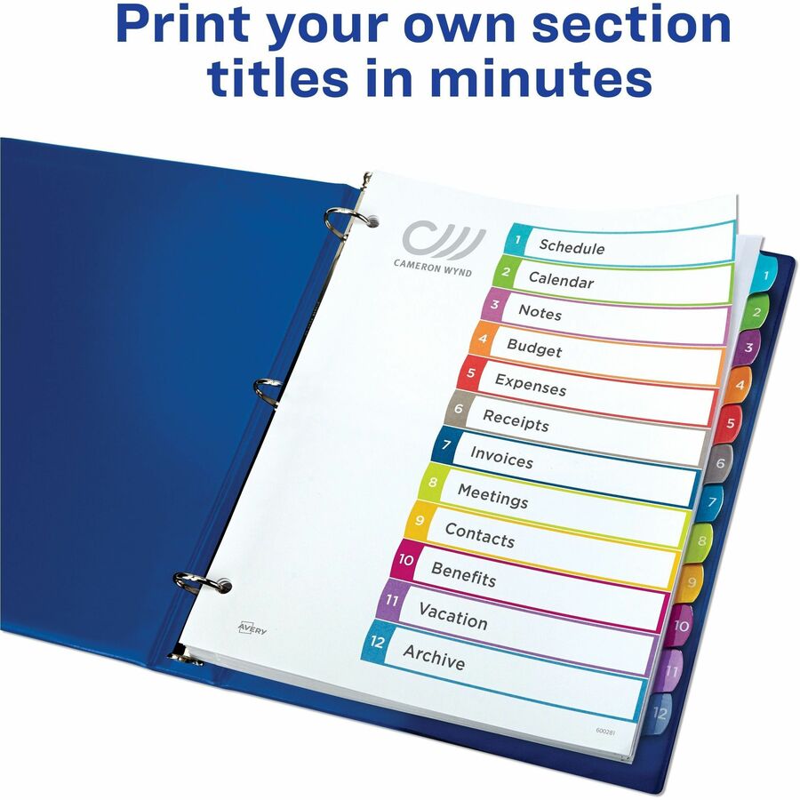 Avery&reg; Ready Index&reg; Customizable Table of Contents Dividersfor Laser and Inkjet Printers, 12 tabs, 1 set - 11843