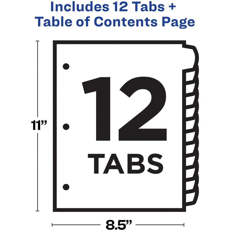 Avery&reg; Ready Index&reg; Customizable Table of Contents Dividersfor Laser and Inkjet Printers, 12 tabs, 1 set - 11843