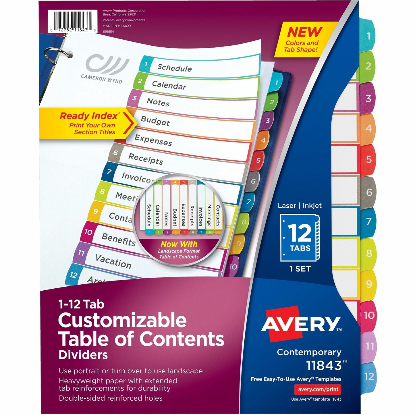 Avery&reg; Ready Index&reg; Customizable Table of Contents Dividersfor Laser and Inkjet Printers, 12 tabs, 1 set