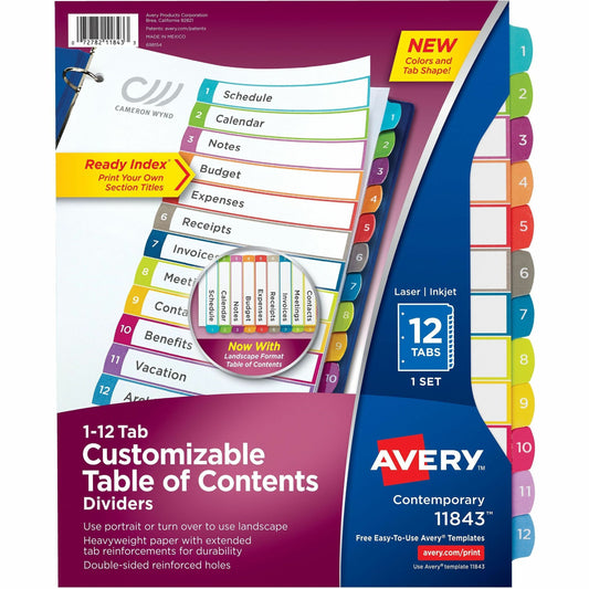 Avery&reg; Ready Index&reg; Customizable Table of Contents Dividersfor Laser and Inkjet Printers, 12 tabs, 1 set