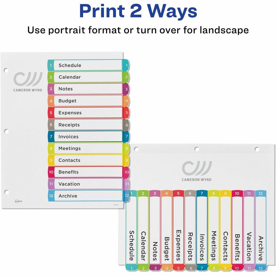 Avery&reg; Ready Index&reg; Customizable Table of Contents Dividersfor Laser and Inkjet Printers, 12 tabs, 1 set - 11843