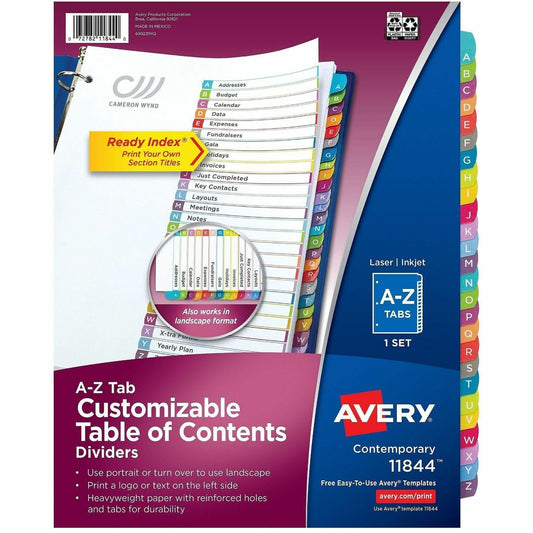 Avery&reg; Ready Index&reg; Customizable Table of Contents Dividersfor Laser and Inkjet Printers, A-Z tabs, 1 set