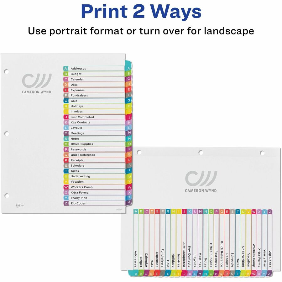 Avery&reg; Ready Index&reg; Customizable Table of Contents Dividersfor Laser and Inkjet Printers, A-Z tabs, 1 set - 11844