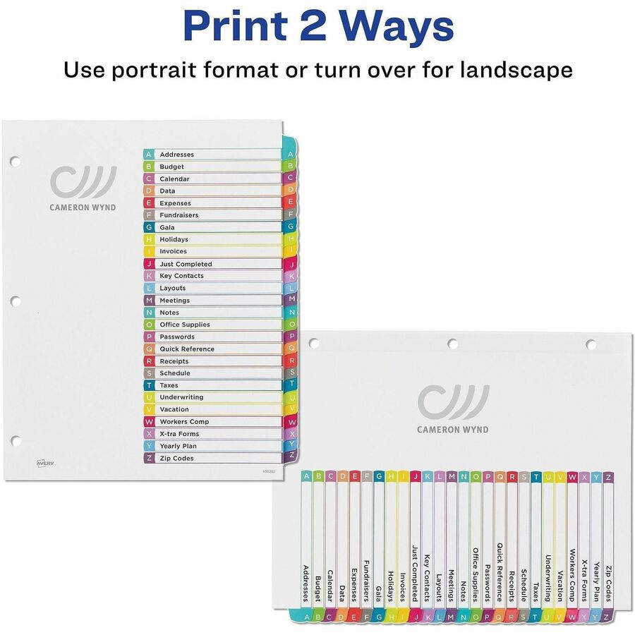 Avery&reg; Ready Index&reg; Customizable Table of Contents Dividersfor Laser and Inkjet Printers, A-Z tabs, 1 set - 11844